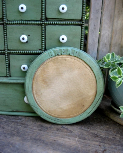 Small Antique Round Wood Bread Cutting Board Green Milk Paint