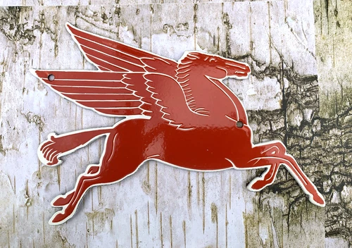 VINTAGE 10x7.5" MOBILGAS MOBILOIL RED PEGASUS PORCELAIN PUMP STATION GAS SIGN