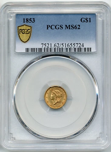 1853 US $1 Liberty Head Gold Coin - Uncirculated, PCGS MS 62