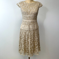 Adrianna Papell Dress Women 6 Floral Lace Sheer Cap Fringe Evening Party Core Ni