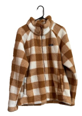 Columbia Women's Fleece Pullover Jacket Brown White Buffalo Plaid