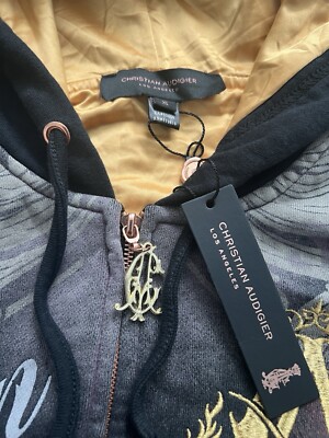トップス 00s Christian Audigier double zip hoodie 2000s Christian Audigier (Ed Hardy) zip up with gold | Depop