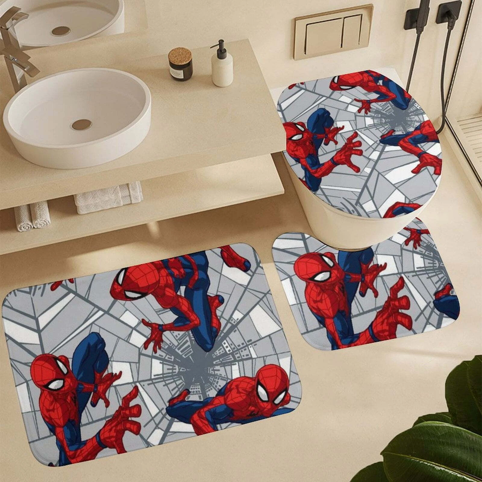 Spider-Man 4-Piece Bathroom Set Shower Curtain Toilet Lid Cover Bath Mat