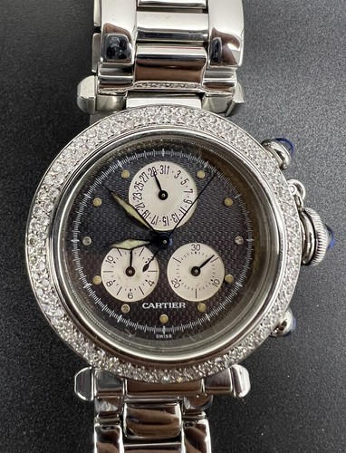 Cartier Pasha 1352 Quadrante Grigio 35mm AFTERMARKET diamanti lunetta oro  bianco 18k | eBay