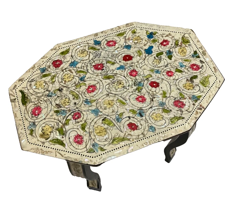 Handmade Wooden End Table Carving Wood Table Home Decor Mother of Pearl Inlay - Image 4 of 4