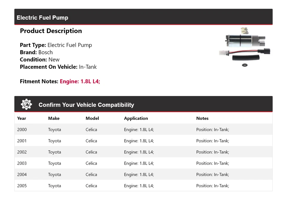 Электрический топливный насос в баке для Toyota Celica 1,8 л L4 Bosch 2000-2005 годов выпуска 2001 2002 годов выпуска - Изображение 2 из 4
