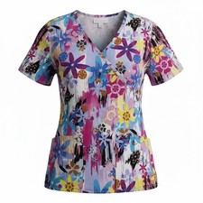 Flex Floral Print V Neck Scrub Top Women's XS Banana Color