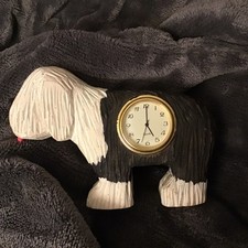 Vtg Folk Art Hand Carved Sheep Dog Clock Solid Wood 5.5