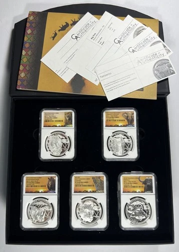 2014-2018 Tanzania 1000S 1 oz Silver Big 5 High Relief 5-coin Set NGC PF70 UC