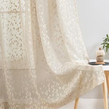 Beige Lace Sheer Curtains Embroidered Leaf Buds 84 Inches Long for Bedroom