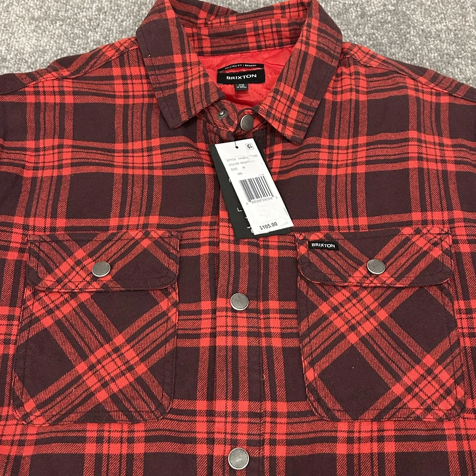 Brixton Bowery Lined Flannel Shirt Jacket Mens Medium Red Plaid Quilted Shacket - Image 2 of 4