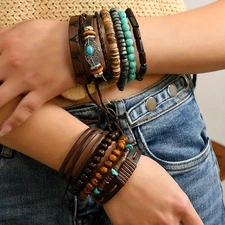 11Pcs Bohemian Retro Beaded Bracelet | Coconut Wood, Turquoise, Stone & Leather