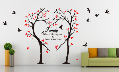 Large Tree Love Heart & Birds Quotes Wall Art Sticker Decal UK SH185 - Afbeelding 1 van 7