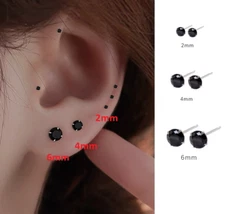 A Pair Solid 925 Sterling silver stud earrings black CZ round prong setting