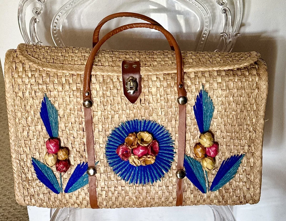 Vtg 60s Acapulco Straw Woven Large Shopper Tote Beach Bag w 3D Rattan Flowers