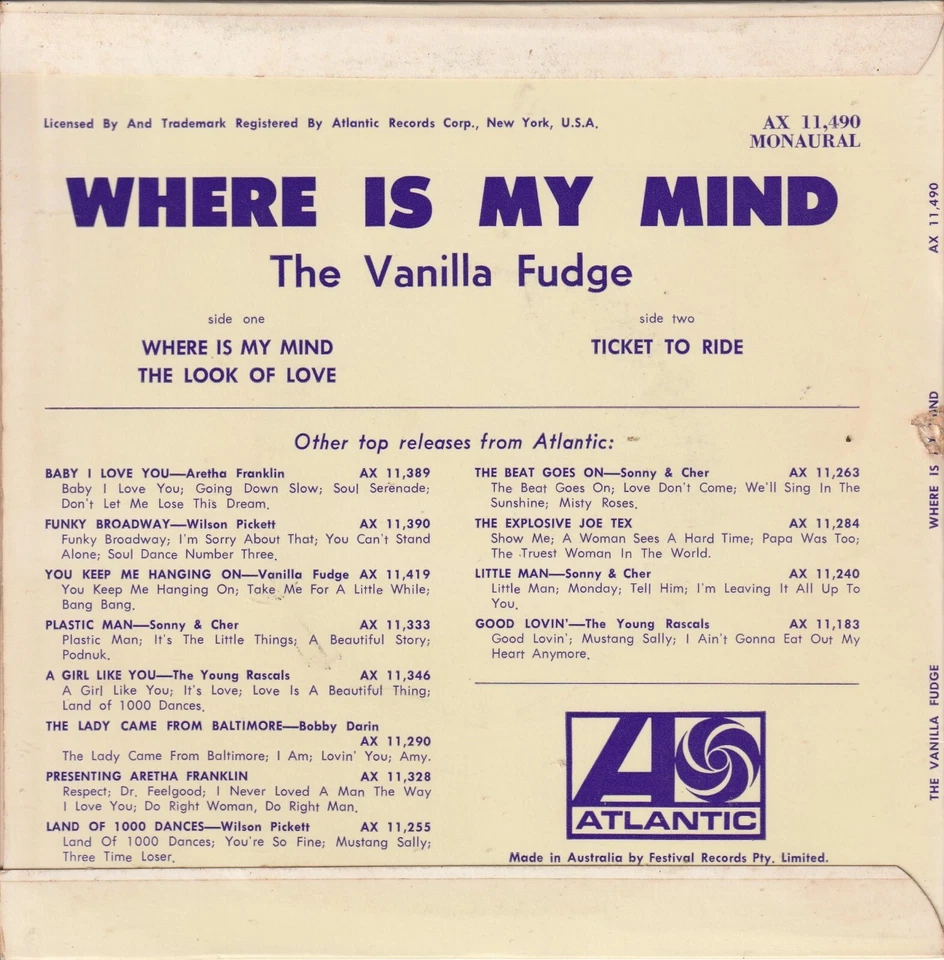 VANILLA FUDGE EP: WHERE IS MY MIND? +2 AUSSIE ATLANTIC 11,490 C=EX- V=NM/NM 1968 - Image 2 of 4