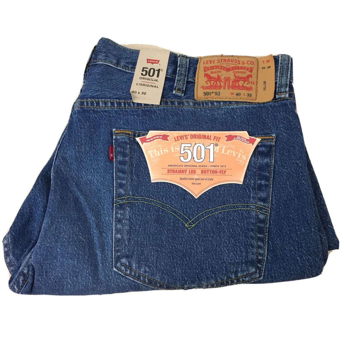 Levis 501 93 Straight Leg Button Fly Jeans Size 40x32 Blue New