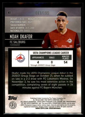 2020-21 Topps Stadium Club Chrome UEFA AQUA REFRACTOR #48 Noah Okafor #17/199 - Picture 2 of 2