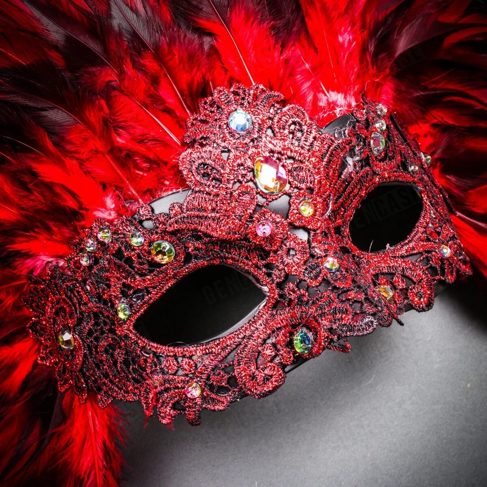Red Tall Feather Venice Carnival Mask for Women Masquerade Sexy Venetian Costume - Image 3 of 4