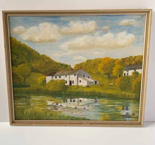 VINTAGE LANDSCAPE OIL PAINTING HOUSE BY RIVER FIELDS CORNWALL SIGNED R CHARLES - Picture 4 of 24