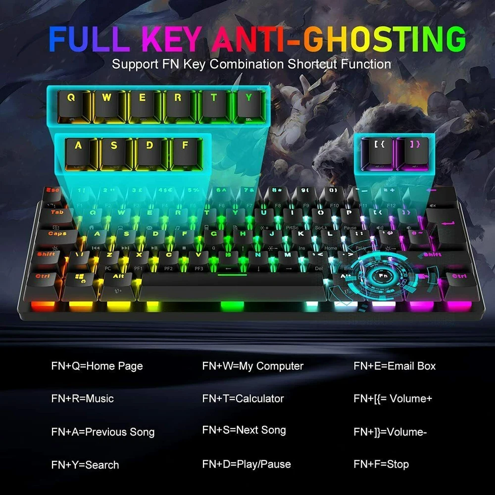 Compact 62-Key Wired Mechanical RGB Gaming Keyboard Compatible with PS4