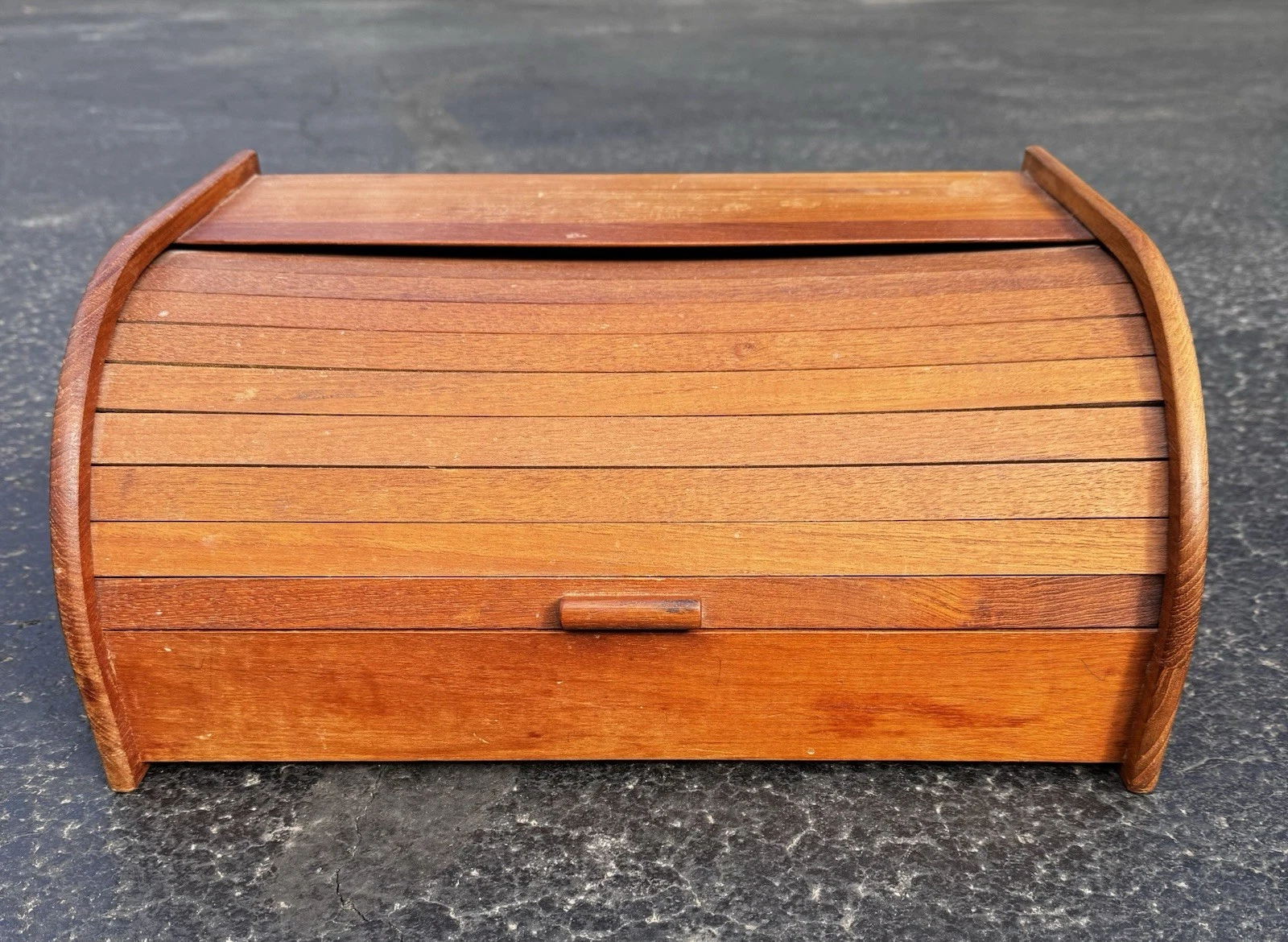 Vintage Wooden Bread Box Roll Top Door Tambour MCM Kitchen Decor