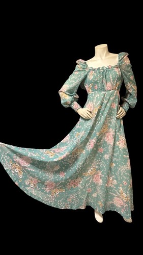 Vintage 70’s Prairie Dress Hippie Green Floral Smocked Maxi Dress Cottage Core - Picture 7 of 20