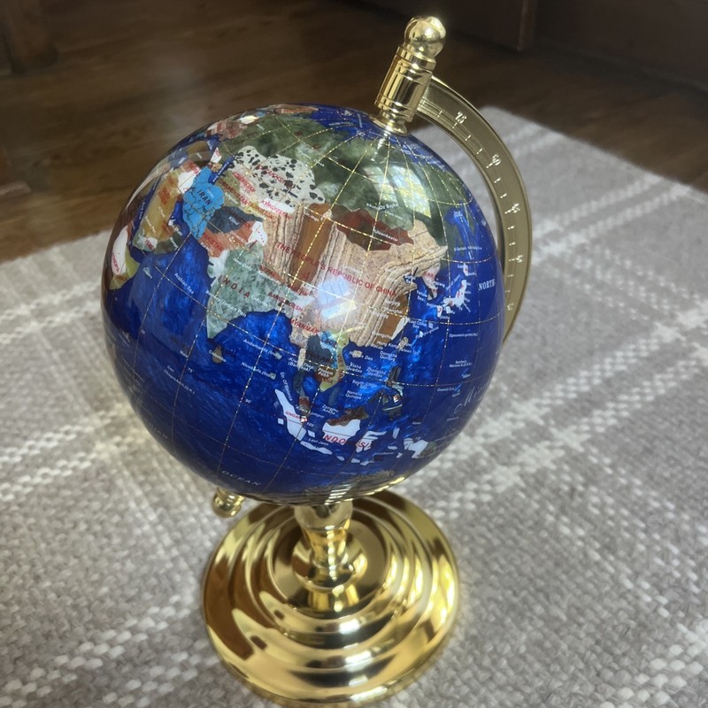 Large Blue Lapis Gemstone World Globe 16" Tall Brass Stand
