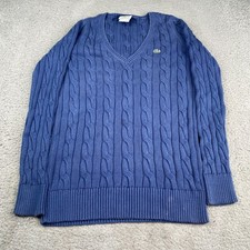 Vintage Lacoste Tennis Sweater Women Size 36 Blue Cable Knit Cotton V-Neck