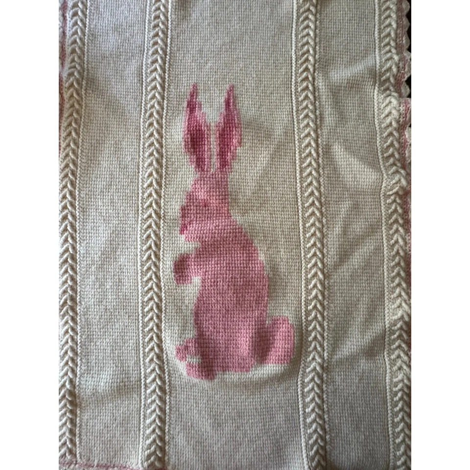 Vintage Crocheted pink Bunny Baby girl Blanket nursery hand made retro 40x28”  - Image 3 of 4