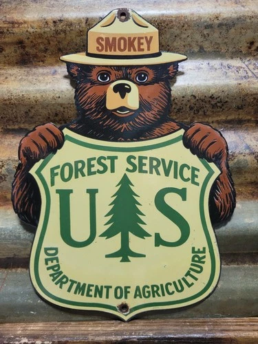 VINTAGE SMOKEY BEAR PORCELAIN SIGN OLD FOREST SERVICE NATIONAL PARK DIECUT 12"