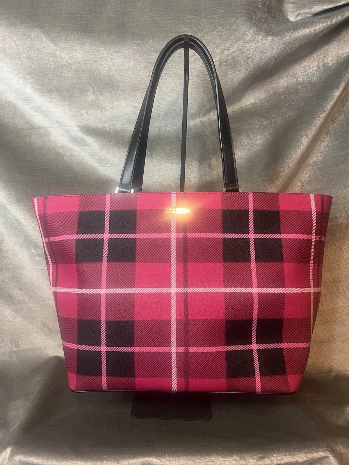 #6069. Borsa Kate Spade rosa nero a quadri doppio manico. Nuovo senza etichette