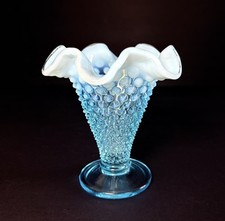 Vintage Fenton Blue Opalescent Hobnail Trumpet Vase Ruffled Edge