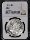 1921-D NGC MS 64 + MORGAN SILVER DOLLAR. LOOKS MS 65
