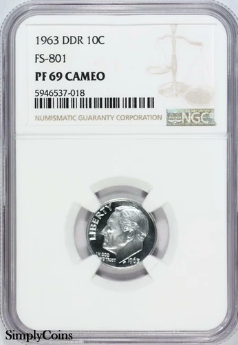 1963 DDR FS-801 PROOF Roosevelt Dime ~ NGC PF69 CAMEO ~  TOP POP PROOF PR69