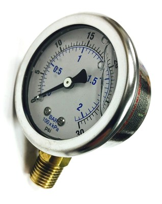 2025-0186-00 OIL PRESSURE GAUGE 1/4'' BOTTOM BACK MOUNT 0-30 PSI LIQUID FILLED