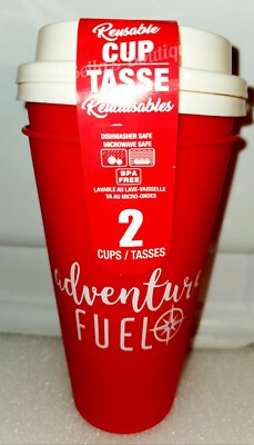 2 PACK REUSABLE PLASTIC COFFEE CUPS w/LIDS ''ADVENTURE FUEL'' 17 OZ MICROWAVE SAFE