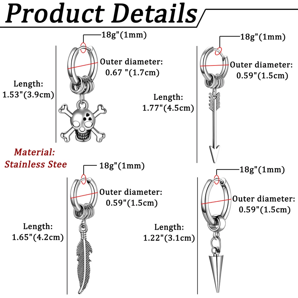 2pcs Punk Men Asymmetric Skull Spike Feather Arrow Dangle Ear Stud Hoop Earrings - Image 3 of 4