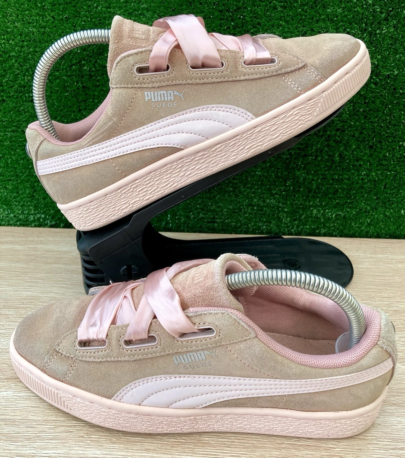 Scarpe da ginnastica Puma scamosciate donna rosa pesca grigio nastro lacci UK 4