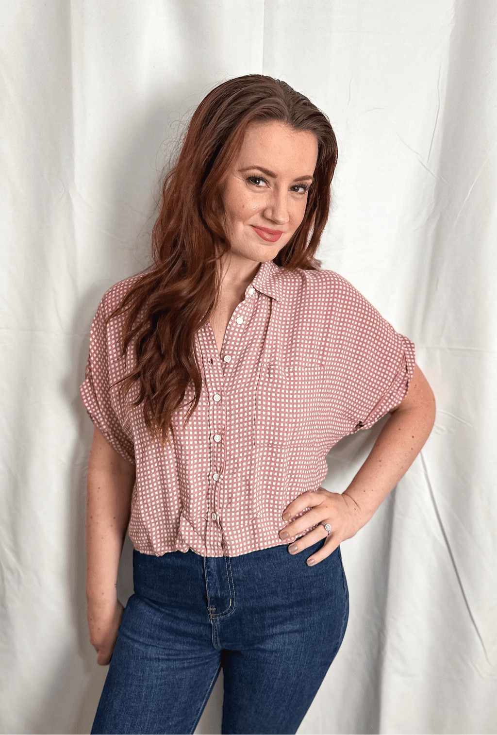 Pink checkered button down top - image 5