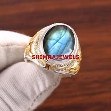 Natural Labradorite & CZ Gemstone With 925 Sterling Silver Men's Ring #1027