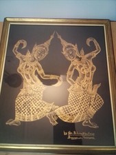 S Bhandhularp Thai Dancers Gold On Black Etching Painting,Signed ❤️ CHARITY 