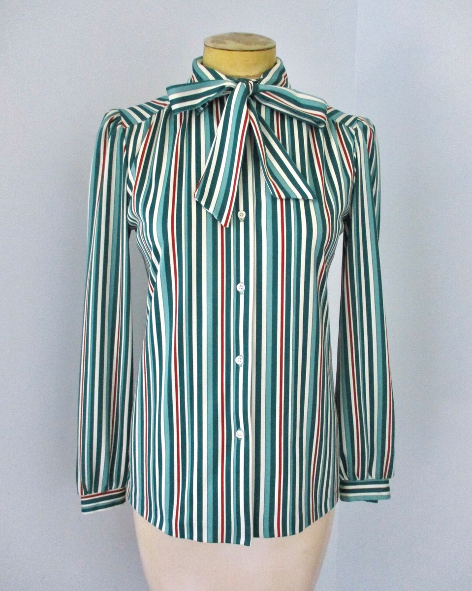 Vtg 70s Green Rust Stripe Secretary Knit Blouse Peplum Top Pussy 