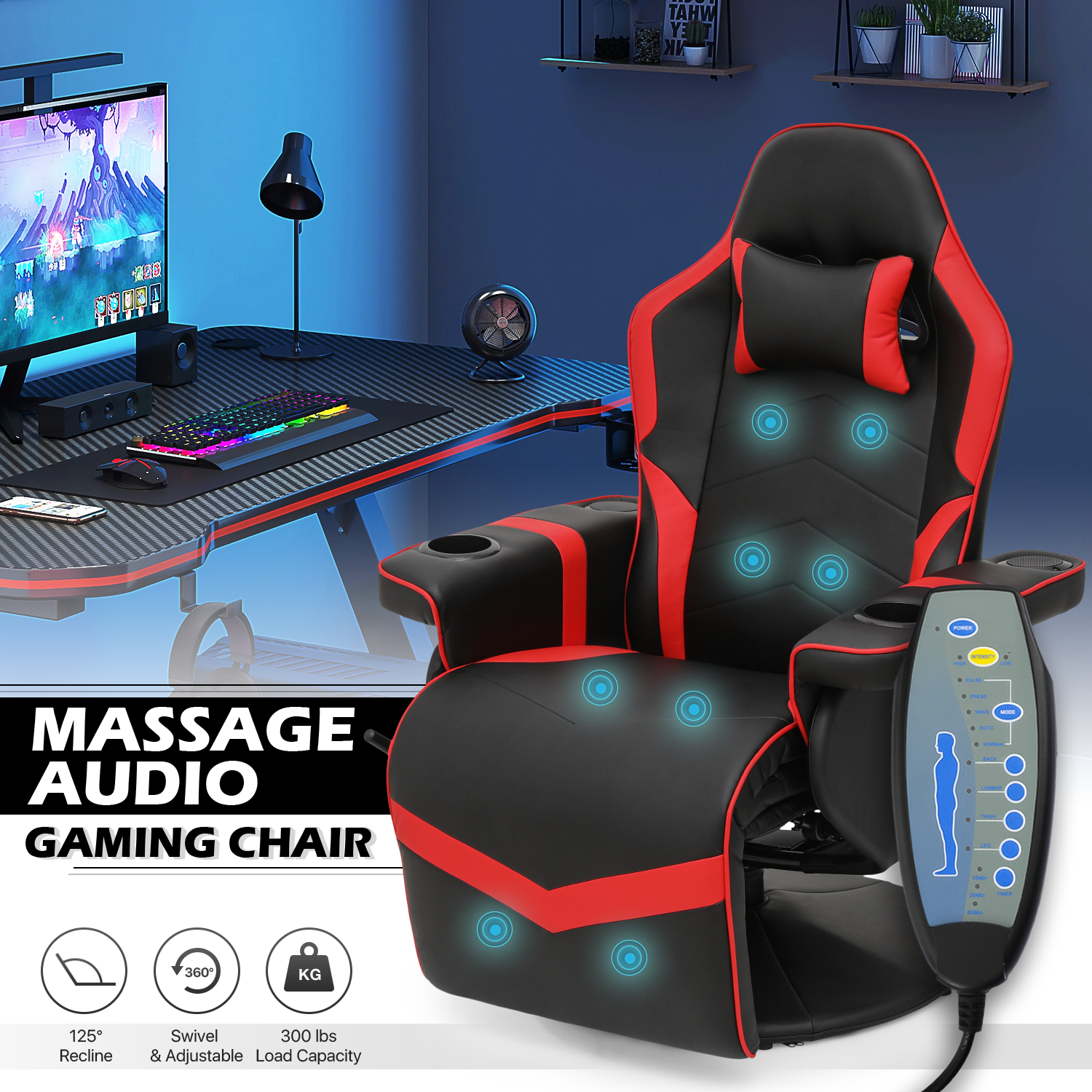 MoNiBloom Massage Video Gaming Recliner Chair, Ergonomic Computer