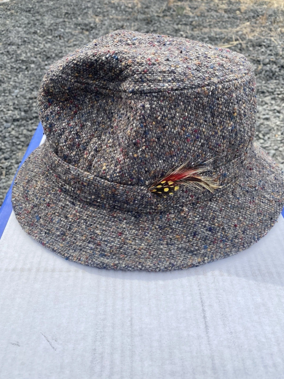 Vintage Tweed Wool Bucket Hat M USA Fly Fishing Feather Accent ACTWU Union Tag