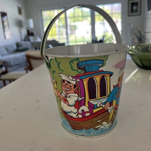 Vintage Ohio Art Tin Litho Sand Pail Fishing Scene