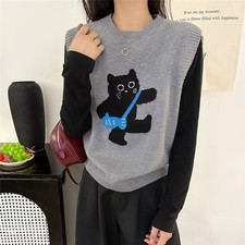 Women Knit Vest Round Neck Printed Tank Tops Gilet Sleeveless Sweater Pullover