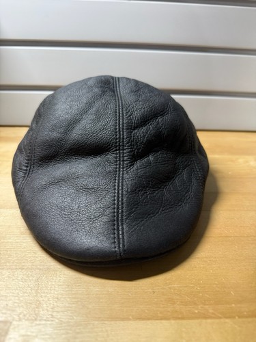 Crowncap Black Leather Shearling Duckbill Ivy Cap Size XL W/Drop Down Earflaps