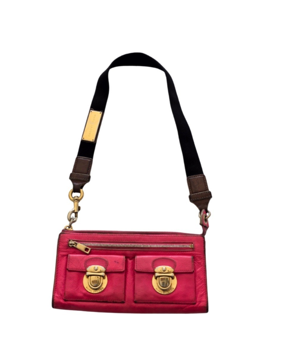Marc Jacobs Clutch Hot Pink Leather Zip Gold Hardware Wristlet Small Bag