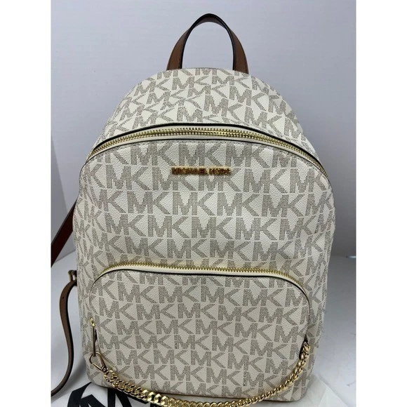 Mochila Michael Kors Logo Signature marrom ouro corrente bolso frontal com jaqueta de poeira - Imagem 4 de 4